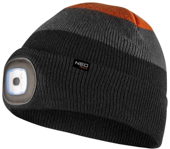 NEO TOOLS Kappe mit LED-Licht, wiederaufladbar, Premium, schwarz-orange