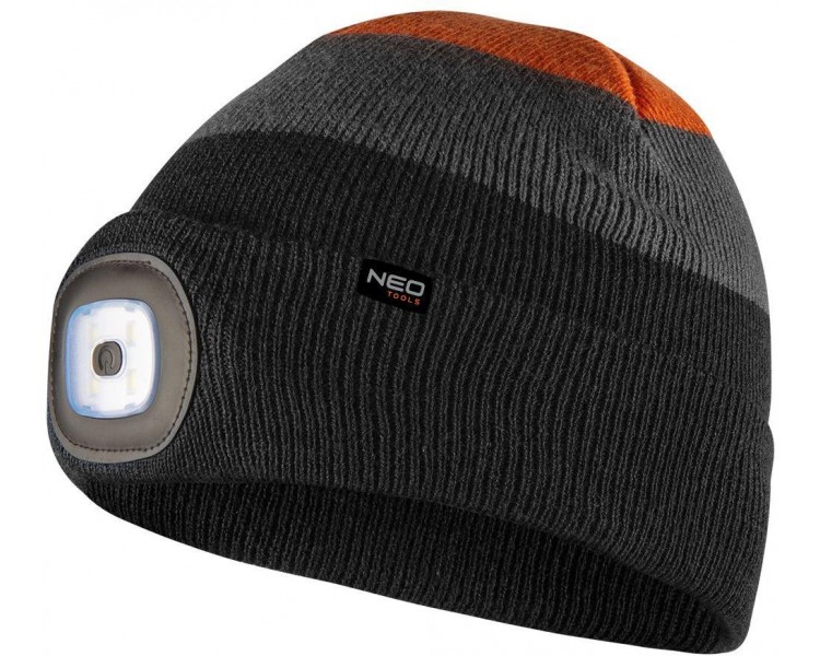 NEO TOOLS Kappe mit LED-Licht, wiederaufladbar, Premium, schwarz-orange