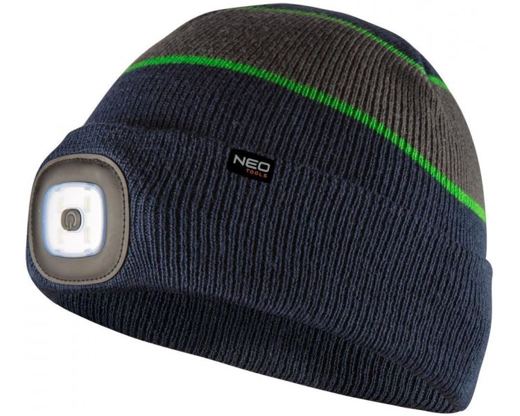 NEO TOOLS قبعة مزودة بإضاءة LED، قابلة لإعادة الشحن، ممتازة، أزرق-رمادي