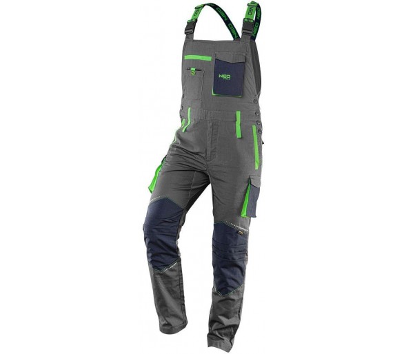 NEO TOOLS Montérkové nohavice s trakmi, premium, 100% bavlna, šedo-modré Veľkosť XL/54