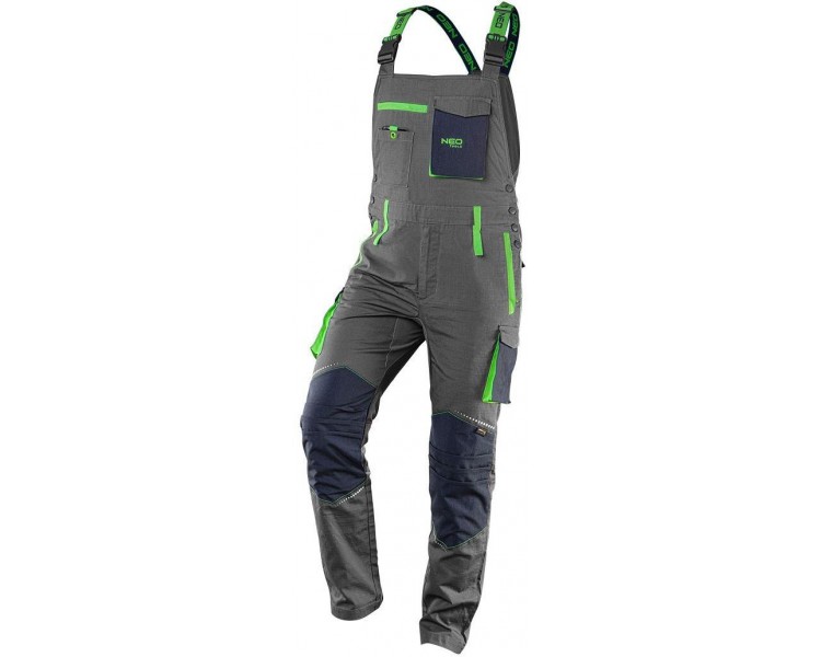 NEO TOOLS Montérkové kalhoty s laclem, premium, 100% bavlna, šedo-modré Velikost XL/54