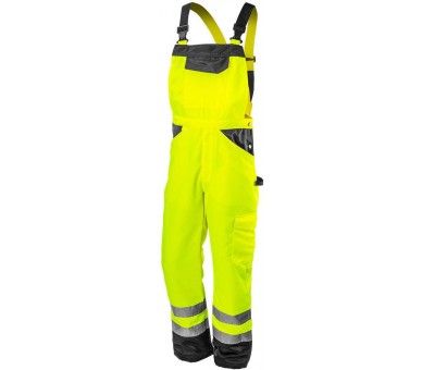 NEO TOOLS Reflexní pracovní kalhoty s laclem, bavlněné, žluté