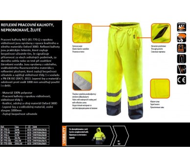 NEO TOOLS Odblaskowe spodnie robocze, wodoodporne, żółte. Rozmiar S/48