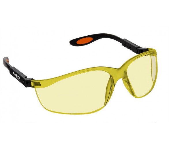NEO TOOLS Schutzbrille aus Polycarbonat, gelbe Linse, vorschriftsmäßiger Rahmen