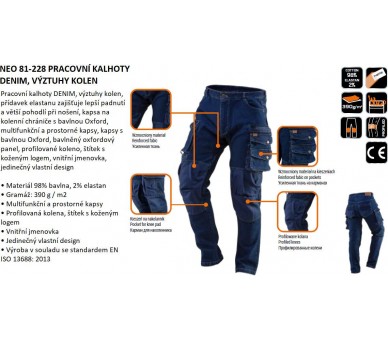 NEO TOOLS Pracovné nohavice denim, výstuhy kolien, modré Veľkosť XS/46