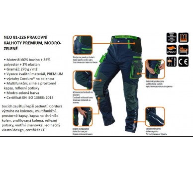 NEO TOOLS Pantalón de trabajo Premium, azul-verde Talla M/50