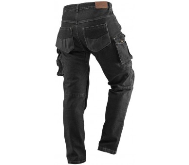 NEO TOOLS Męskie spodnie robocze jeansowe, z ortezami kolan, czarne, rozmiar S/48