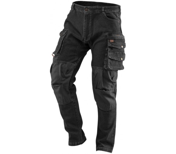 NEO TOOLS Panské pracovní kalhoty denim, výztuhy kolen, černé Velikost M/50