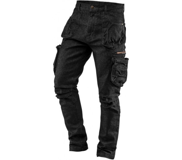 NEO TOOLS Panské pracovní džínové kalhoty, 5 kapes, černé